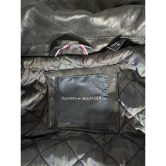 Tommy Hilfiger Mens Faux Leather Jacket Coat Black Waist Length Collared L - Picture 10 of 12